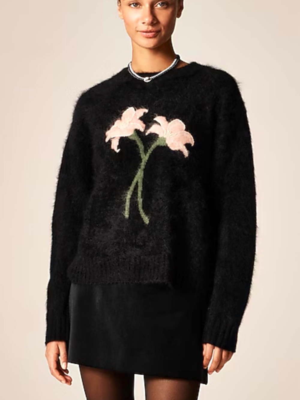 J. CREW Black 100% Cashmere Fuzzy Winter Floral Knit Long Sleeves Sweater Sz L